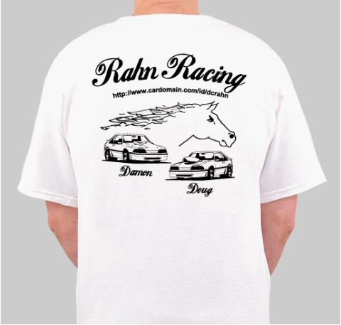 1990 Ford Mustang - T-shirt graphic displays two cars, a horse head, and text related to racing.