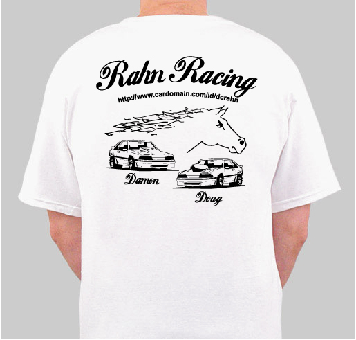 White t-shirt with black graphics of two cars, a horse head, and text