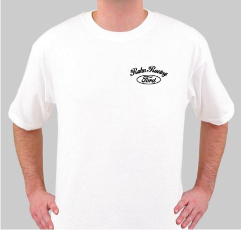 1990 Ford Mustang - This white t-shirt features the Rahn Racing Ford logo printed on the left chest.