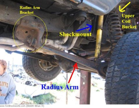 1974 Ford F-100 - Close-up view of the suspension components on the underside of a truck.