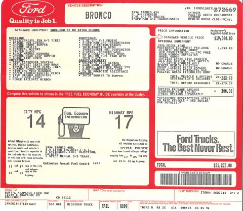 1996 Ford Bronco - The original window sticker.