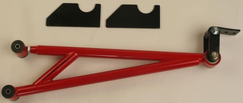1979 Ford Bronco - A red suspension control arm is shown with mounting hardware and two black brackets.