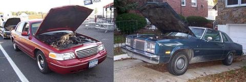 1999 Ford Crown Victoria - Two cars, a red 1999 Ford Crown Victoria and a blue coupe, are parked with their hoods open.
