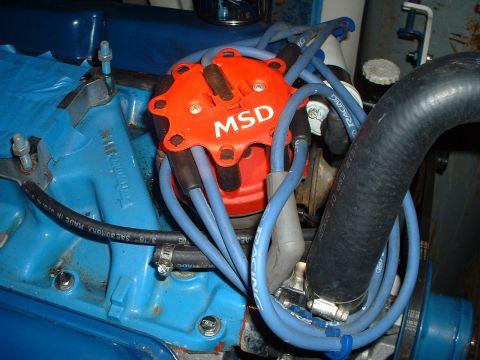 1985 Ford Bronco - Close-up of an MSD ignition distributor cap with blue spark plug wires, mounted on a blue engine block.