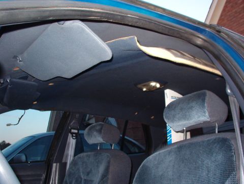 1999 Ford Crown Victoria - I used a long gasket box in the middle to support the junk '94 headliner so I could see & drive home.
