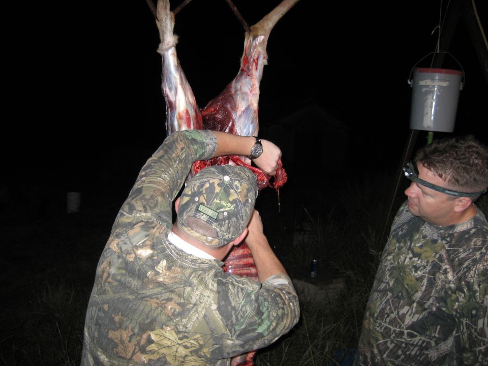 Two men in camouflage clothing field dressing a deer carcass at night