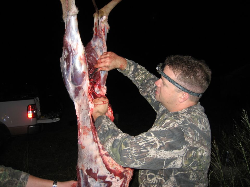 Deer carcass hanging upside down, being field dressed by a man wearing a headlamp and camouflage. A white pickup truck is visible in the background