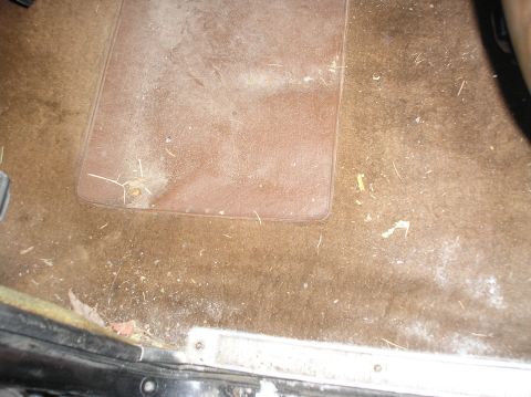 1978 Ford Bronco - Interior view of a dirty car floor with a brown mat and scattered debris.