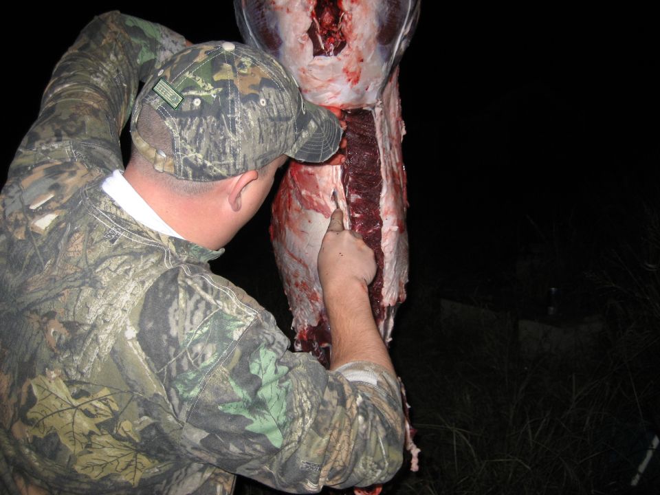 man in camouflage butchering a large animal carcass outdoors at night