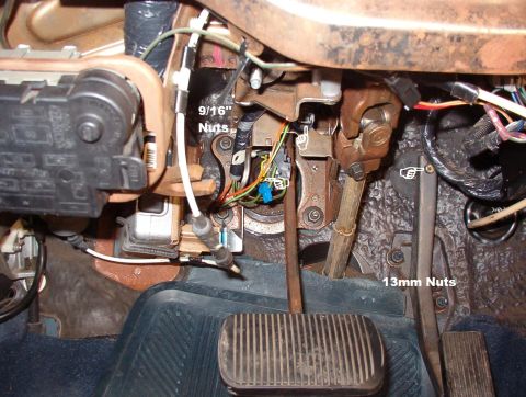 1999 Ford Crown Victoria - Unplug the cruise switch at the top L. Pull the hairpin (yellow on this car) & slide the brake switch (BOO) and booster pushrod off of the…