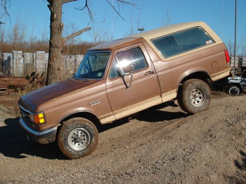 1990 Ford Bronco - This brown 1990 Ford Bronco with a tan top is seen on a dirt road, possibly off-roading.