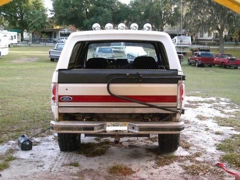 1986 Ford Bronco - Rear view of a white Ford Bronco with a red and white stripe on the tailgate, parked outdoors.