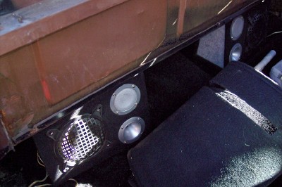 1972 Ford Ranchero - Custom speaker setup with multiple drivers and a subwoofer enclosure visible.