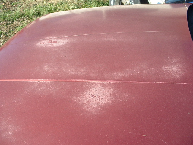 Maroon car hood with faded paint and a long crease
