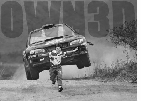 1995 Ford Bronco - A rally car jumps over a child on a dirt road, with a large "OWN3D" graphic superimposed on the image.