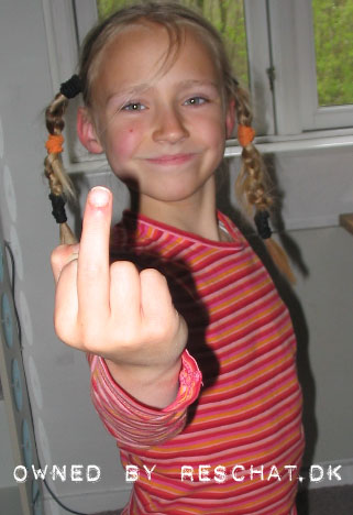 1995 Ford Bronco - A young girl with pigtails gives the middle finger to the camera, with text overlays indicating ownership and a website.