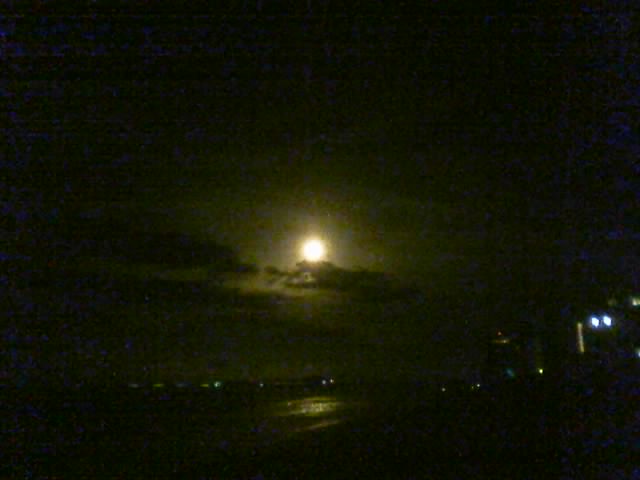Grainy night photo of a full moon behind clouds