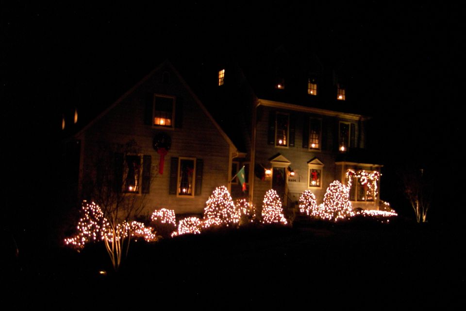 House decorated with Christmas lights and lit shrubs at night