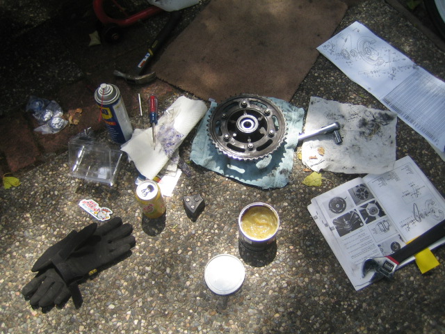 Rear sprocket hub assembly on a rag surrounded by WD-40, grease tub, gloves, tools, and an open service manual on concrete.