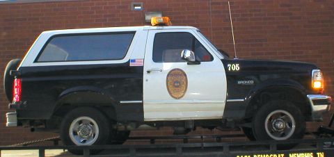 1986 Ford Bronco - This 1986 Ford Bronco is outfitted as a police vehicle, complete with a light bar and official markings.
