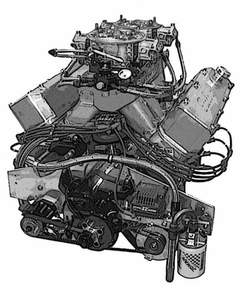 1990 Ford Mustang - Stylized grayscale illustration of a complete carbureted V8 engine, shown assembled with no callouts or labels.