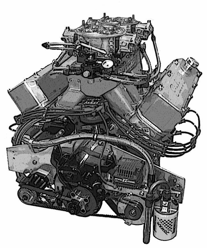 Grayscale illustration of an assembled carbureted V8 engine with serpentine accessory drive