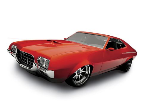 1972 Ford Ranchero - A bright red 1972 Ford Ranchero is shown from a 3/4 front angle against a white background.