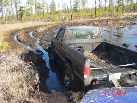 1995 Dodge 1500 - A dark pickup truck navigates a muddy trail, with another vehicle partially visible in the foreground. The truck appears to be a 1995 Dodge…