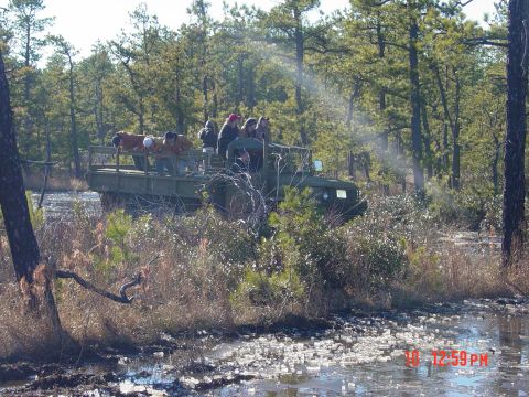 1995 Dodge 1500 - People ride in the back of a military truck as it travels through a wooded, marshy landscape.