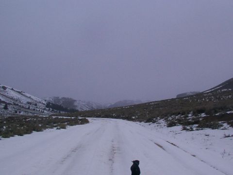 2003 Ford Ranger - A person stands on a snow-covered road winding through a mountainous landscape under a cloudy sky.
