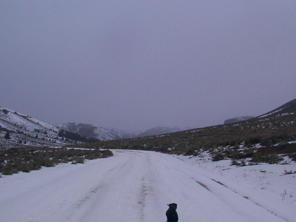 snowy road in mountains with a person standing in the foreground