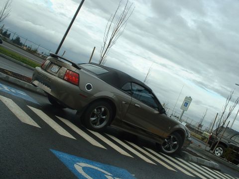 2000 Ford Crown Victoria - A brown convertible Mustang is parked in a handicapped spot under a cloudy sky.