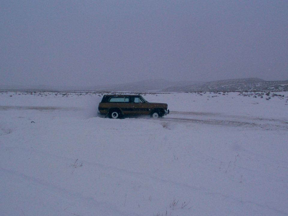 Brown SUV with white wheels stuck in a snowy field