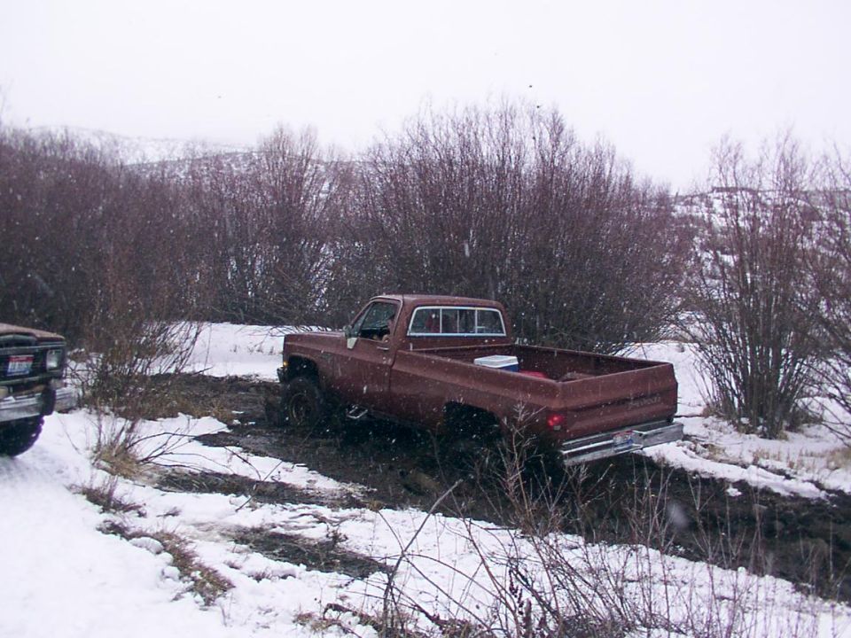 Brown pickup truck stuck in mud and snow, rear view. Another vehicle is partially visible to the left