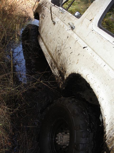 1989 Ford Bronco - White 1989 Ford Bronco is stuck deep in mud and water, with only the side visible.