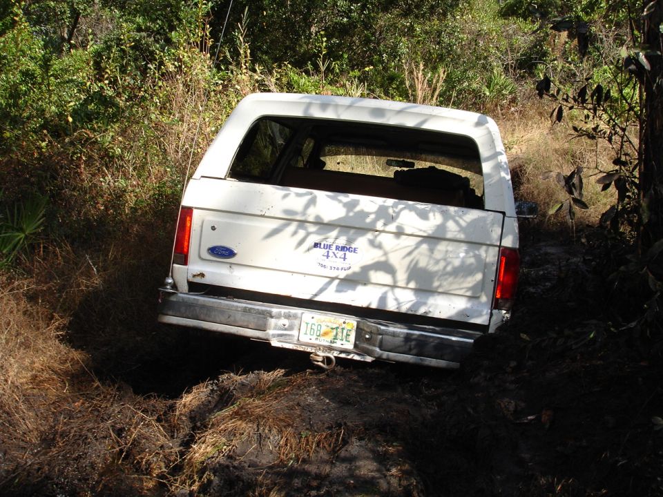 White Ford Bronco stuck in dirt and brush. Has a 'Blue Ridge 4x4' sticker on the tailgate