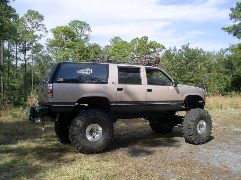 1989 Ford Bronco - A heavily modified SUV with large tires and a roof rack sits on a grassy area with trees in the background.