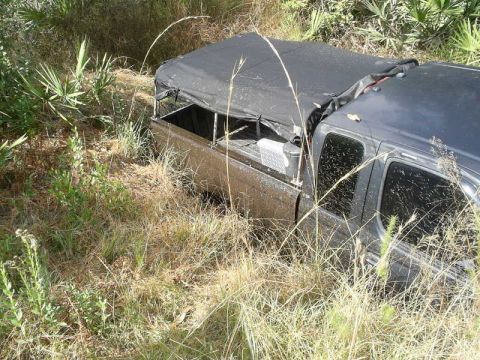 1989 Ford Bronco - A dark-colored pickup truck with a black soft top is partially obscured by tall grass and foliage.