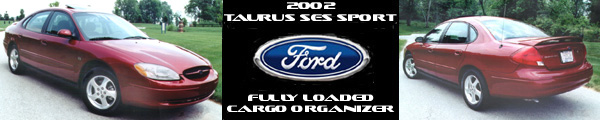 Banner of red 2002 Ford Taurus SES Sport front and rear with central Ford oval logo