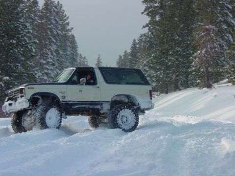 1986 Ford Bronco - This SUV navigates a snowy landscape, its front grille indicating an earlier model year than claimed.