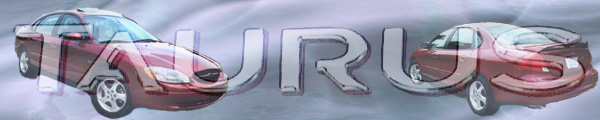 Maroon Ford Taurus front and rear views behind bold metallic TAURUS text banner