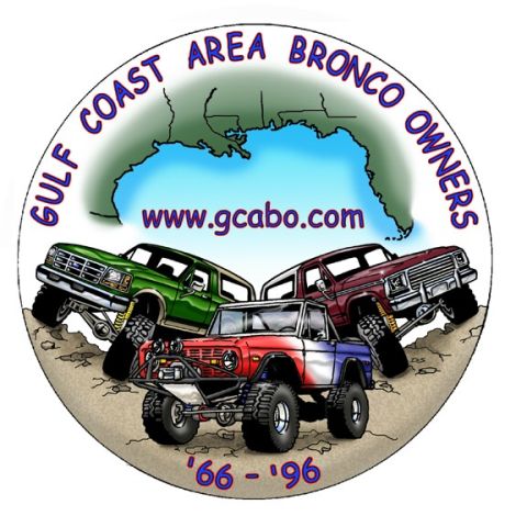 1979 Ford Bronco - Club logo for Gulf Coast Area Bronco Owners, depicting multiple off-road vehicles.