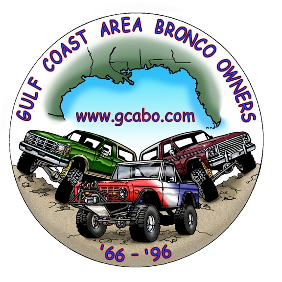 GCABO club logo with three cartoon lifted Broncos over Gulf Coast map
