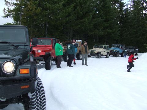 1976 Ford F-150 - A group of Jeeps gathered in a snowy landscape, with individuals interacting around the vehicles.