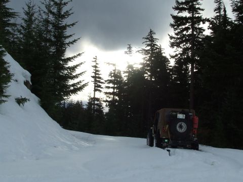 1976 Ford F-150 - A Jeep Wrangler is parked on a snow-covered road surrounded by pine trees, with the sun shining through the clouds.