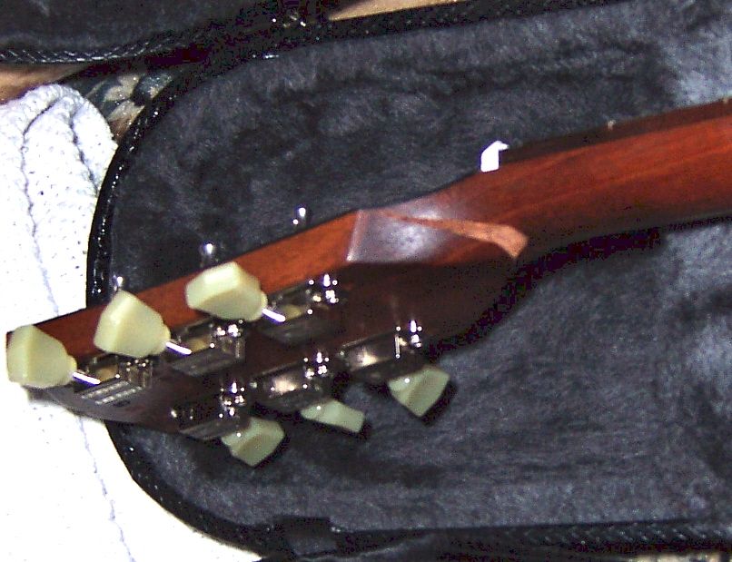 Guitar headstock with tuning pegs inside a black case