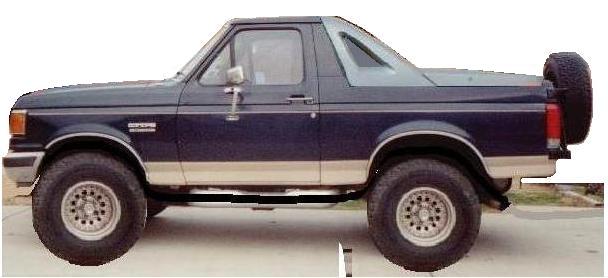 Side view of a dark blue and tan Ford Bronco with top off, big off-road tires, and rear-mounted spare