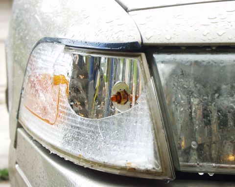 2000 Ford Crown Victoria - Close-up of a damaged front corner light assembly on a 2000 Ford Crown Victoria, showing water droplets on the lens.
