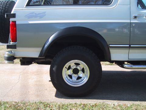 1994 Ford Bronco - Rear view of a two-tone Ford Bronco showing its fender flare and spare tire.