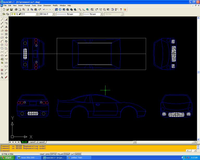 AutoCAD screenshot of orthographic multi-view line drawing of a sports car (front, side, rear, top)
